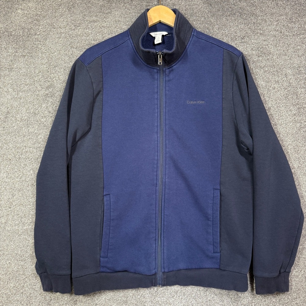 Calvin‎ Klein Track Jacket Mens L Navy Blue Colorblock Full Zip Logo Knit